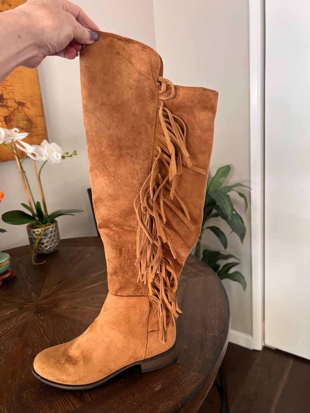 Fringe Tall Suede Boot - Tan